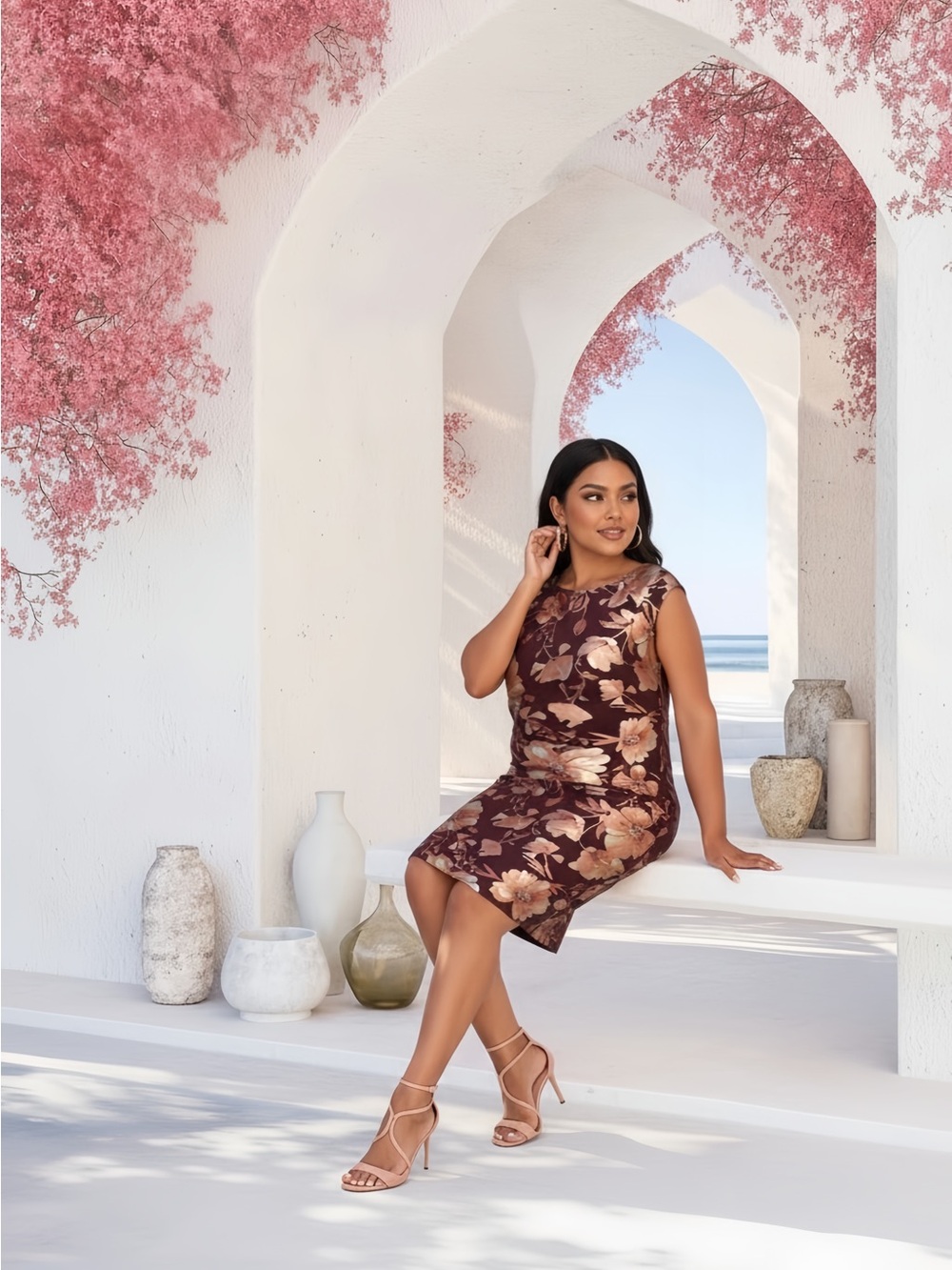 Beige by eci Burgundy Floral Midi Sheath Dress with Gold Accents - Picture 2 of 7